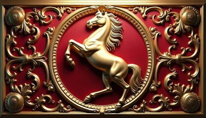 Fototapeta premium Golden horse embossed relief on deep red wall panel. Ornate scrollwork borders surround the detailed metallic sculpture. Luxurious interior decor element with rich texture and elegant design.