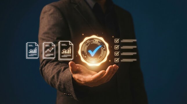 Quality assurance, Certification, Standards, Compliance, Business, Management, Guarantee of high quality and performance with digital checklist and data analysis report icons.