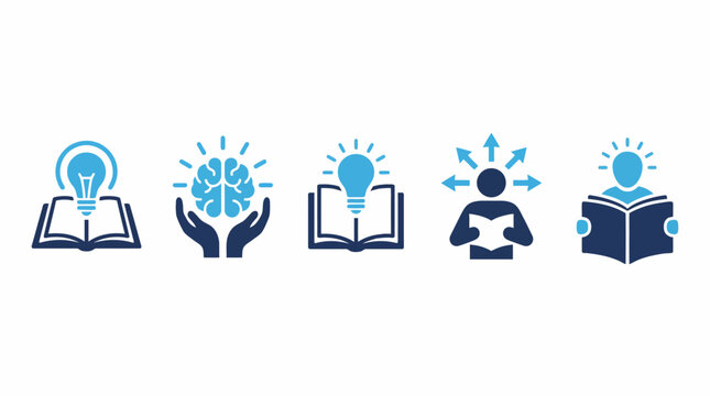 Set of five blue line-art icons representing education, learning, and innovation with books, ideas, and a graduate