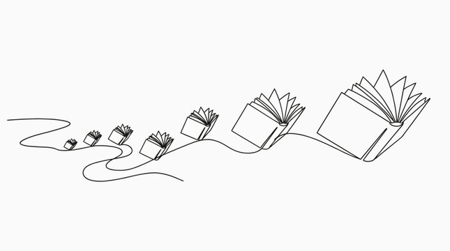 Whimsical line-drawing illustration of a small creature following a trail of open books along a curved path, symbolizing curiosity, learning, and the journey of reading.