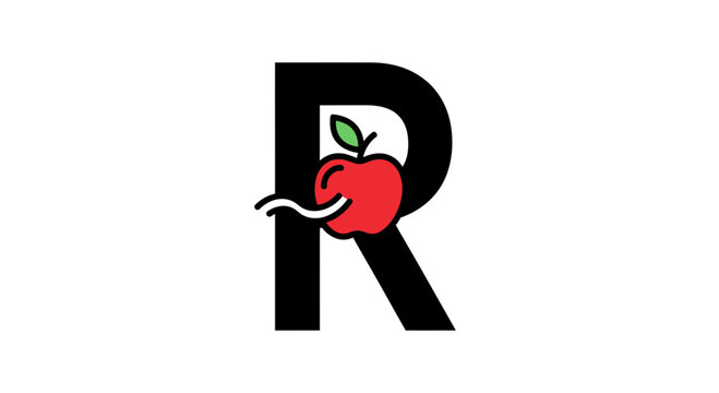 Dynamic R letter logo featuring a vibrant red apple with a playful wiggling worm graphic