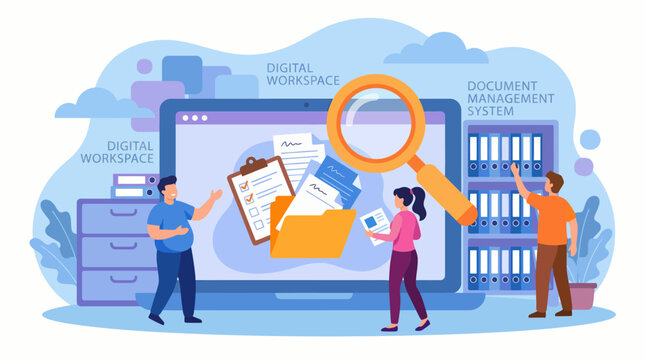 Team collaborates in a cloud-based document management and search workflow, optimizing access, sharing, and organization of digital documents