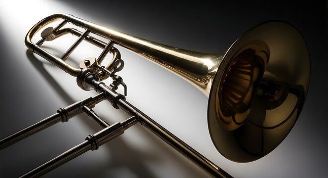 A shiny trombone lies on a dark background with spotlight
