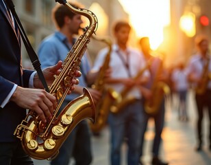 Obraz premium Street jazz band plays saxophone music on city street at sunset. Musicians perform live concert for public crowd enjoying happy atmosphere and warm evening light.