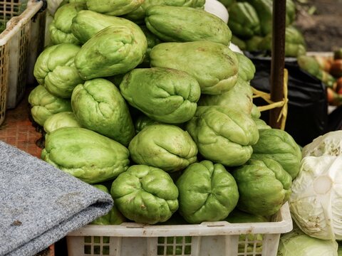 a fresh pile of green chayote squash at a local market stall. The vibrant organic produce is stacked in white plastic crates, highlighting a healthy local harvest.