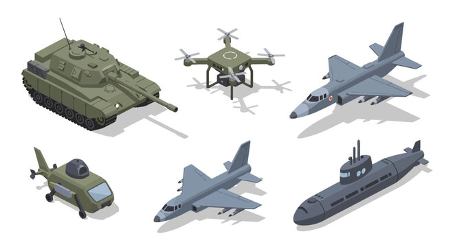 Isometric Military Vehicles Collection Set Isolated: Tank, Fighter Jet, Submarine, Drone, and Helicopter.