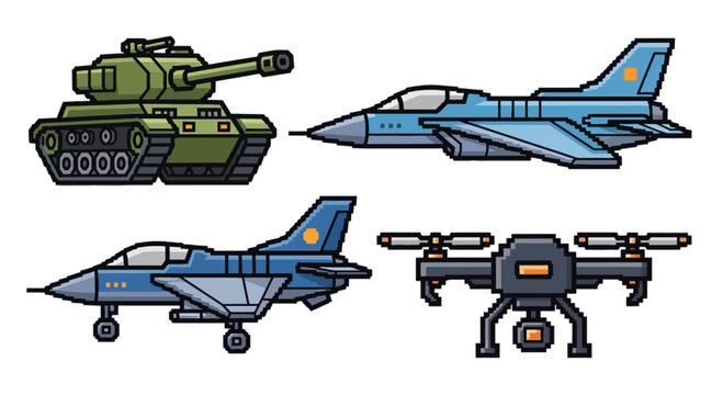 Pixel Art Military Vehicle Set: Tank, Fighter Jet Plane, and Drone Isolated on White Background