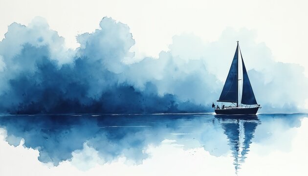 Watercolor art shows dark sailboat on calm sea water. Blue clouds reflect on smooth ocean surface. Minimalist marine art, serene journey on calm water.