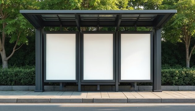 Modern bus stop with three blank ad panels. Green plants surround the minimalist transit structure. Bright daylight shines on the clean urban street scene.