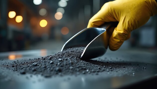 Yellow gloved hand scoops dark raw graphite powder from pile. Close-up of industrial material handling in a factory setting. Workers processing carbon mineral.