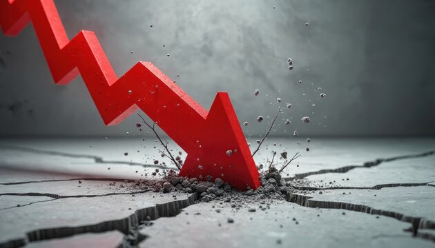 Red arrow crashes through cracked concrete floor symbolizing financial downfall. Economy in crisis, market collapse. Negative trend, recession impact shown.