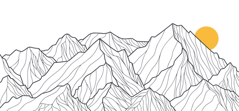 Black and white mountain line art wallpaper featuring elegant landscape illustration.