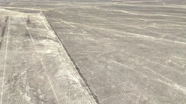 Panoramic view of the ancient Nazca Lines in the Peruvian desert. UNESCO World Heritage archaeological site and geoglyphs.