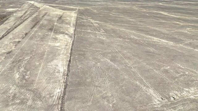 Panoramic view of the ancient Nazca Lines in the Peruvian desert. UNESCO World Heritage archaeological site and geoglyphs.