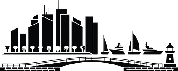 Obraz premium Tropical city waterfront silhouette with modern skyscrapers yachts and lighthouse across arch bridge