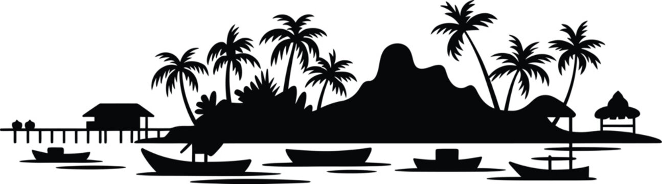 Tropical island silhouette with palm trees and boats along coast under summer mountain landscape