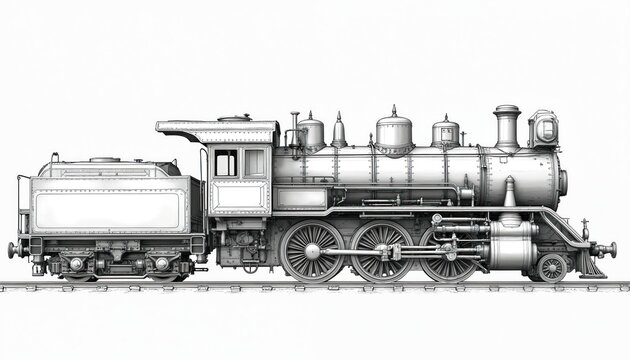 Detailed illustration of a vintage steam locomotive and tender on train tracks. Classic railway engine shows intricate mechanical parts and construction. Historical industrial vehicle drawing.