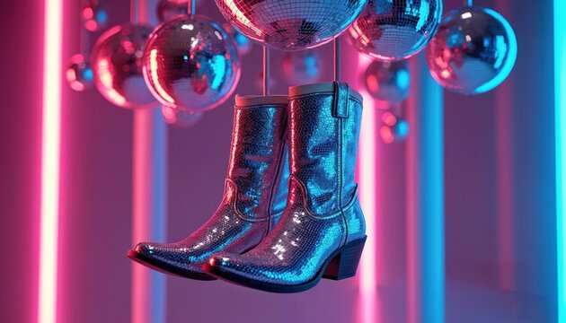 Sparkling cowboy boots hang near disco balls, illuminated by pink and blue neon lights. This image mixes western style with retro dance club vibes for a unique aesthetic.