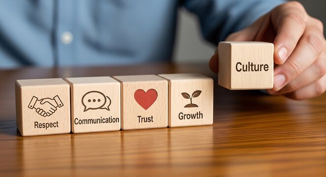 Wooden blocks with icons representing respect, communication, trust, growth, and culture being placed in a row.