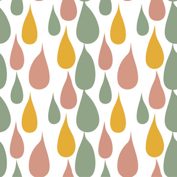 Seamless pattern of colorful teardrop shapes in a retro color palette on a white background.