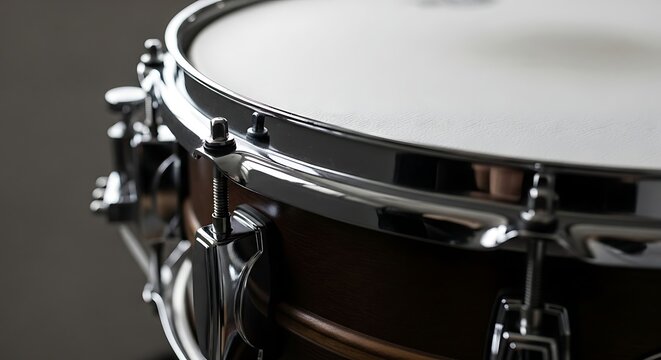 A close-up view of a snare drum with shiny metal hardware and a white drumhead is shown on a dark background.