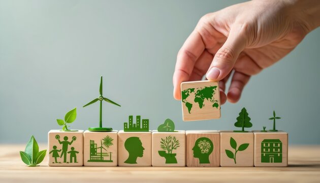 Hand places cube with Earth map on eco symbols blocks. Blocks show wind turbine family buildings plant head with gears. Sustainable future concept.