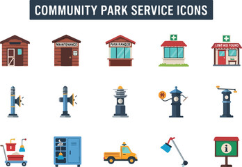 Naklejka premium Collection of community park service icons including buildings, equipment, and signage