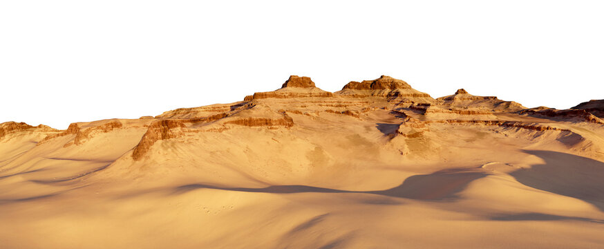 Sunlit Desert Dunes and Sandstone Mesas Panorama &mdash; 3D Rendering of Arid Landscape at Sunset