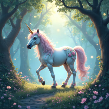Mythical unicorn walks in enchanted forest. White horse with pink mane and tail has golden horn, adorned with flowers. Magical woodland path with soft sunlight and glowing particles.