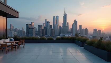Fototapeta premium Modern rooftop terrace with city skyline view at sunset. Outdoor seating area with sofa and table offers relaxation. Urban landscape with skyscrapers. Calm atmosphere.