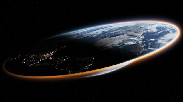 Panoramic View of Flat Earth Disk Edge with Sun Glow
