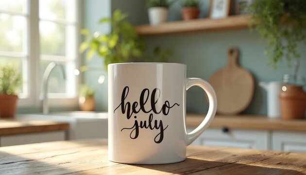 White mug with hello july text sits on a rustic wood table in a bright kitchen. Morning sun streams through the window illuminating green plants and kitchen counter. Cozy domestic scene.