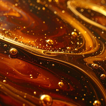 Abstract golden liquid with bubbles and swirling patterns, a mesmerizing close-up.