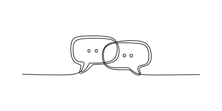 A minimalist single line drawing of two connected speech bubbles representing communication icons. Vector, illustration