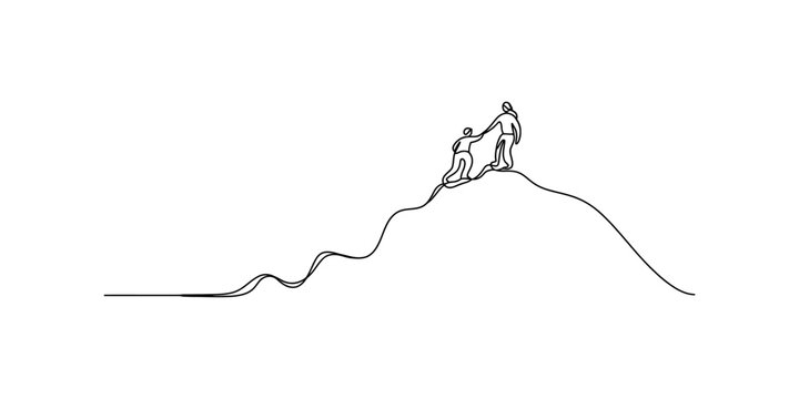 Minimalist one line drawing of two people helping each other reach the peak of a mountain top Vector, illustration