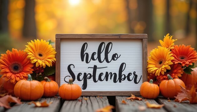 Wooden sign says hello September. Bright orange and yellow flowers, pumpkins, autumn leaves on table. Fall season start, cozy harvest decor. Greeting, celebration, rustic outdoors.