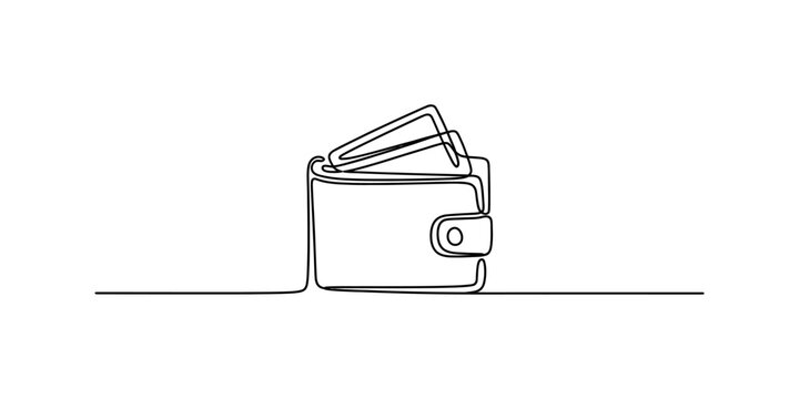A single continuous line drawing of a leather wallet with currency notes tucked inside the pocket. Vector, illustration