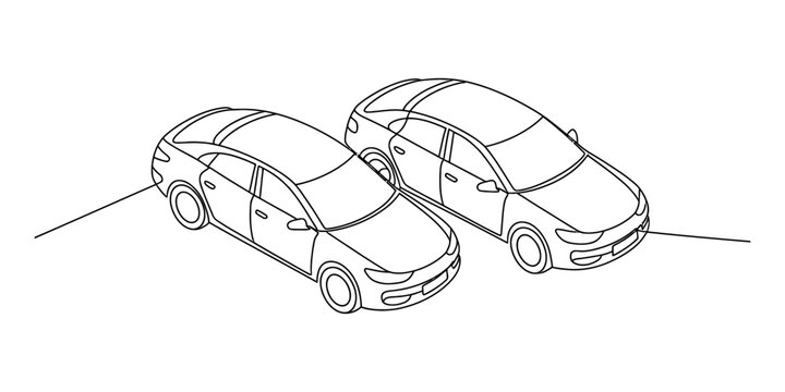 A simple black and white line drawing depicting two modern sedan cars parked side by side view Vector, illustration