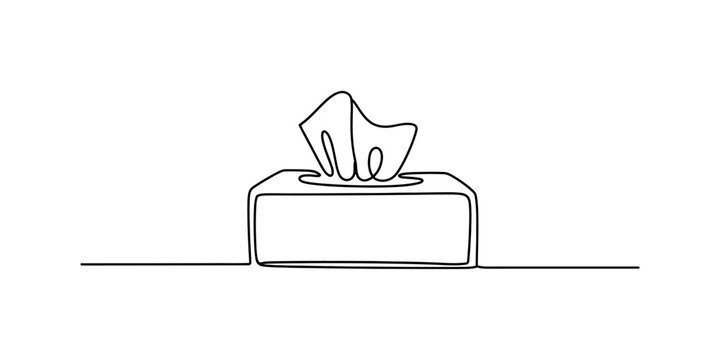 A single continuous line drawing of a rectangular tissue box with one paper napkin sticking out. Vector, illustration