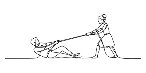 A single continuous line drawing of a woman pulling a man on the floor with a rope in black ink Vector, illustration © Badhon_Designer