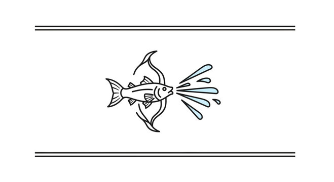 Minimalist fish icon spouting vibrant water droplets within a classic decorative border. Simple