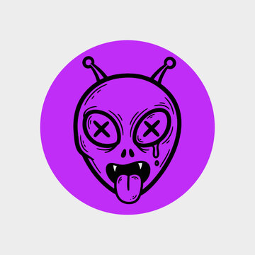 Distressed Alien Head Cartoon Illustration with X Eyes and Tongue.