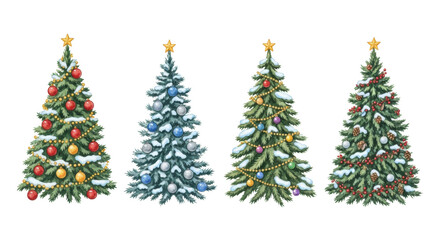 Fototapeta premium four whimsical watercolor christmas trees, hand-painted with festive ornaments and delicate snow, isolated on a transparent background with copy space. concept of christmas holiday elegance