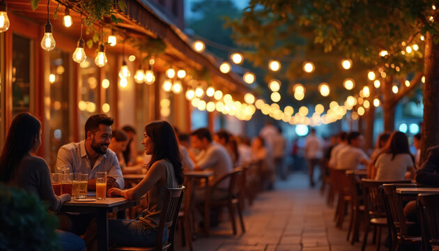 People dine outdoors at a noisy street cafe illuminated by warm string lights. Friends chat and laugh over drinks and food at tables on a city sidewalk. The atmosphere is lively and social.