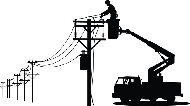 Utility worker repairing power lines using bucket truck, electrician maintenance on electrical pole, lineman safety work, energy infrastructure service, industrial silhouette illustration concept