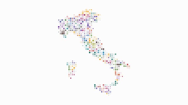 Italy map animation. Shape of the country with pulsating colored dots. Small size rounded square blocks. Digital style Italy map on white background. Trending video.