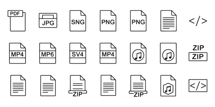 File format icons, 20 file type symbols, vector file icons, data storage illustrations