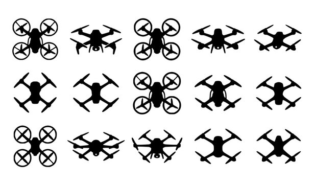 Flying drone silhouette icon set with quadcopter and hexacopter designs isolated on white background