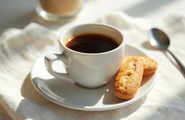 Obraz premium White cup of hot espresso coffee with biscotti biscuits and spoon on a saucer. Light table setting with morning sun. Coffee break with sweet snack.