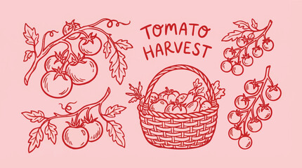 Tomato Harvest Illustration with Vines and Wicker Basket. © rama coloring studio
